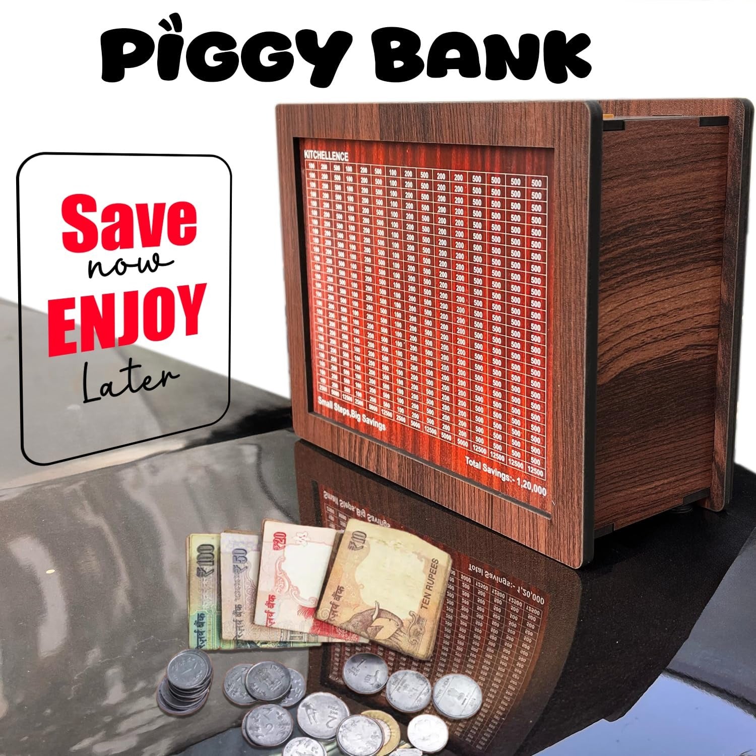 Brilliant Gadget Wooden Piggy Bank for Kids & Adults, Savings Box, Mini Bank, Donation Box, Smart Money Box, Wooden Coin Box, Money Saver, Piggy Bank with Numbers 1.2Lacks Goal from ETrade